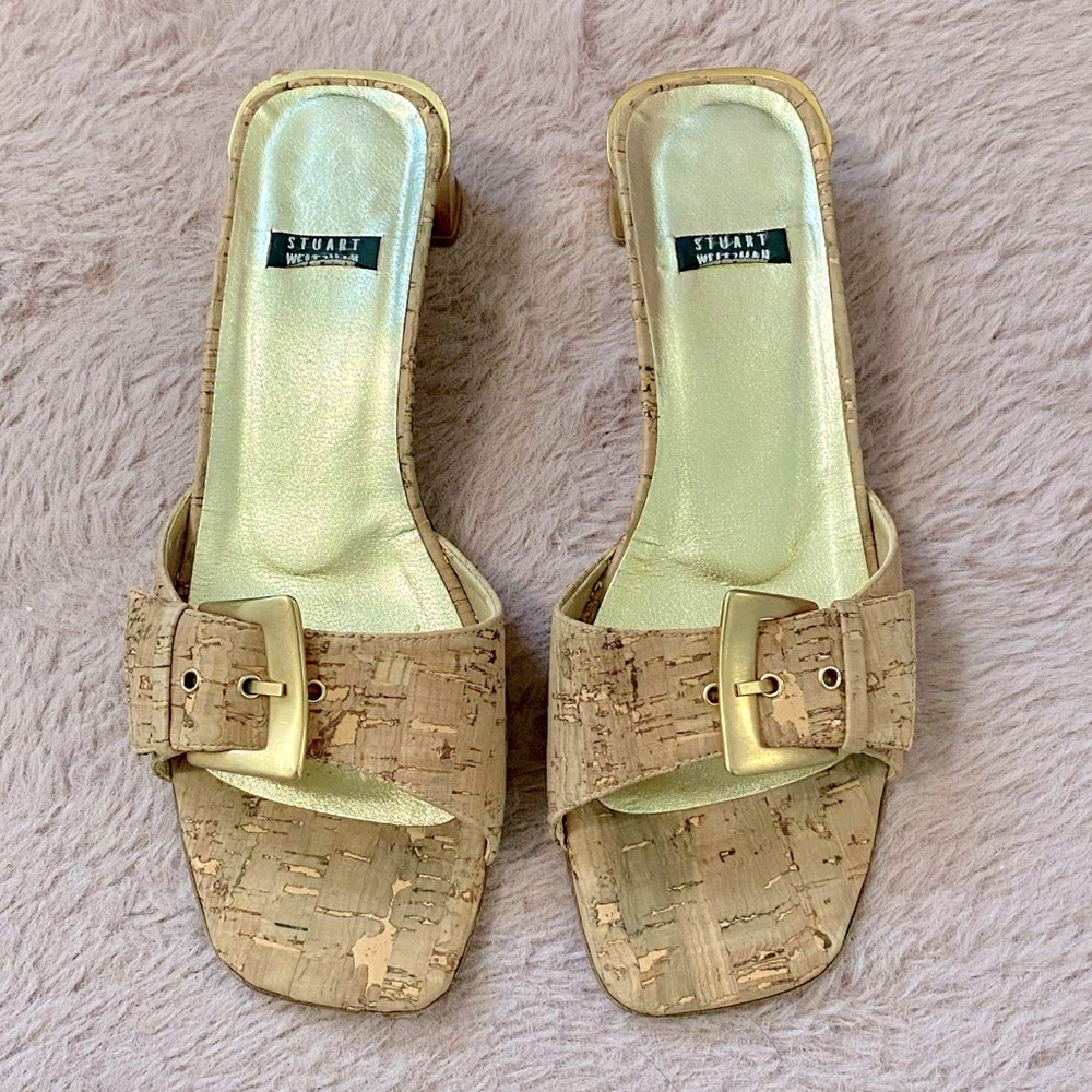 Stuart Weitzman Cork Buckle Heels in Tan